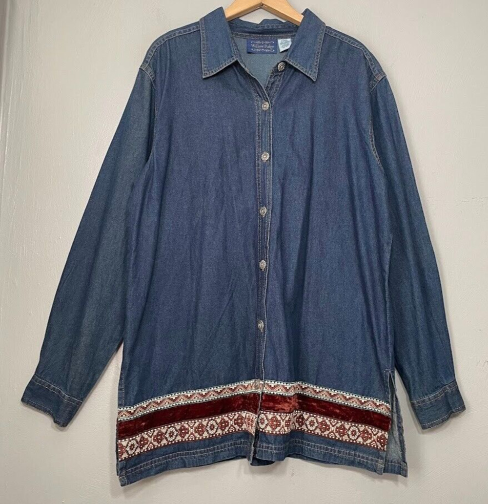 Willow Ridge Western Denim Shirt Size XL Artsy Blue Jean Velvet Boho Aztec Tunic